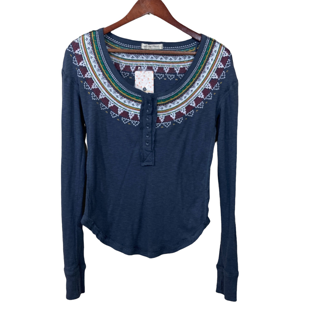 Free People Fairisle Thermal Henley Gray Top Sz S Split Cuff